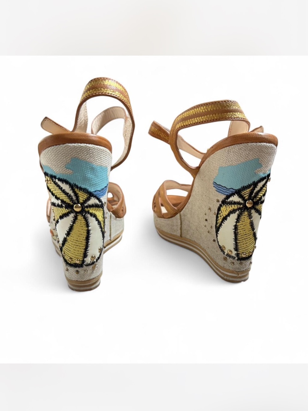 Vintage Coach Metallic Gold Leather & Embroidered Canvas Wedge Sandals - Picture 2 of 4
